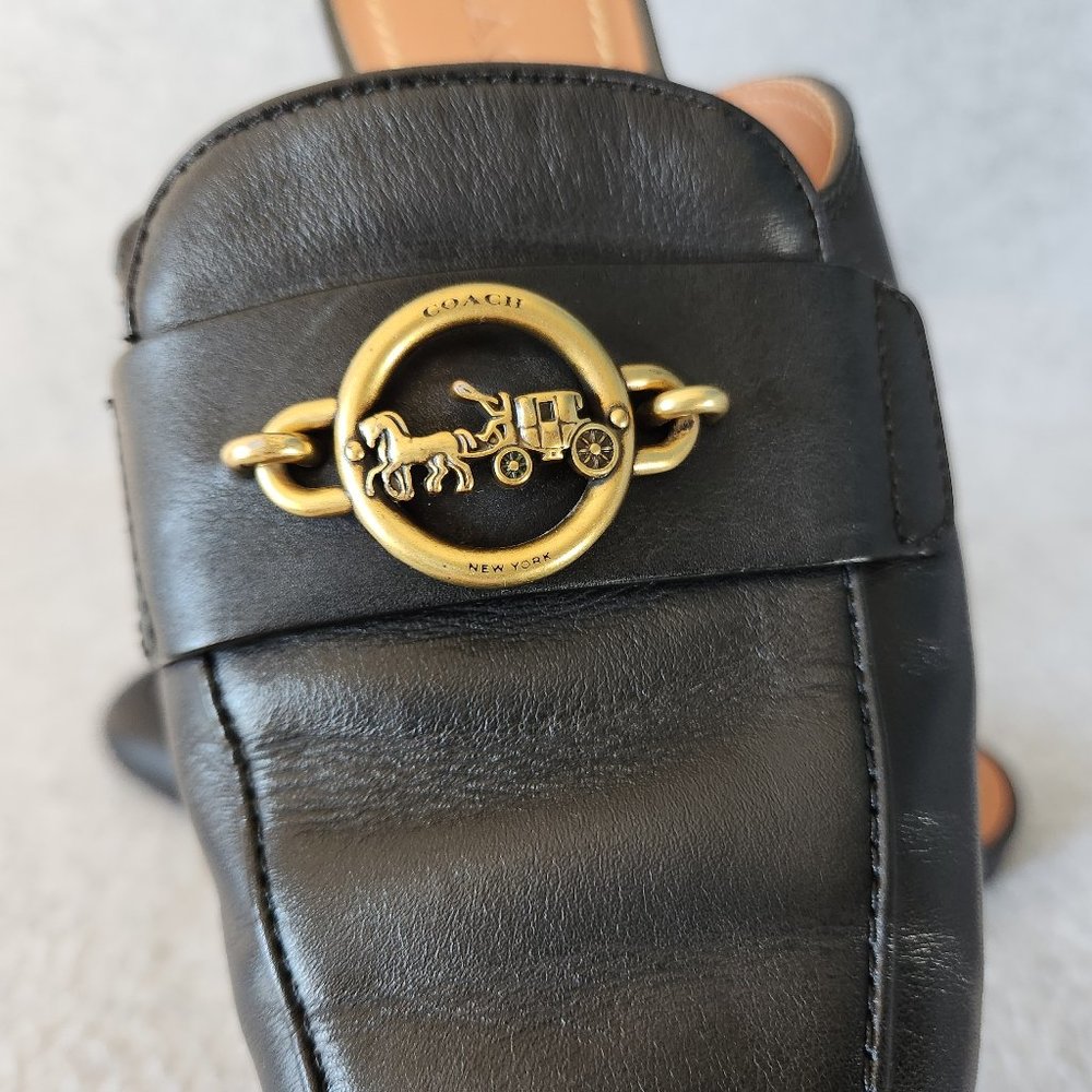 Coach Scotty Black Leather Slide-On Mule Flat Gold Carriage Chain-link - Picture 4 of 12